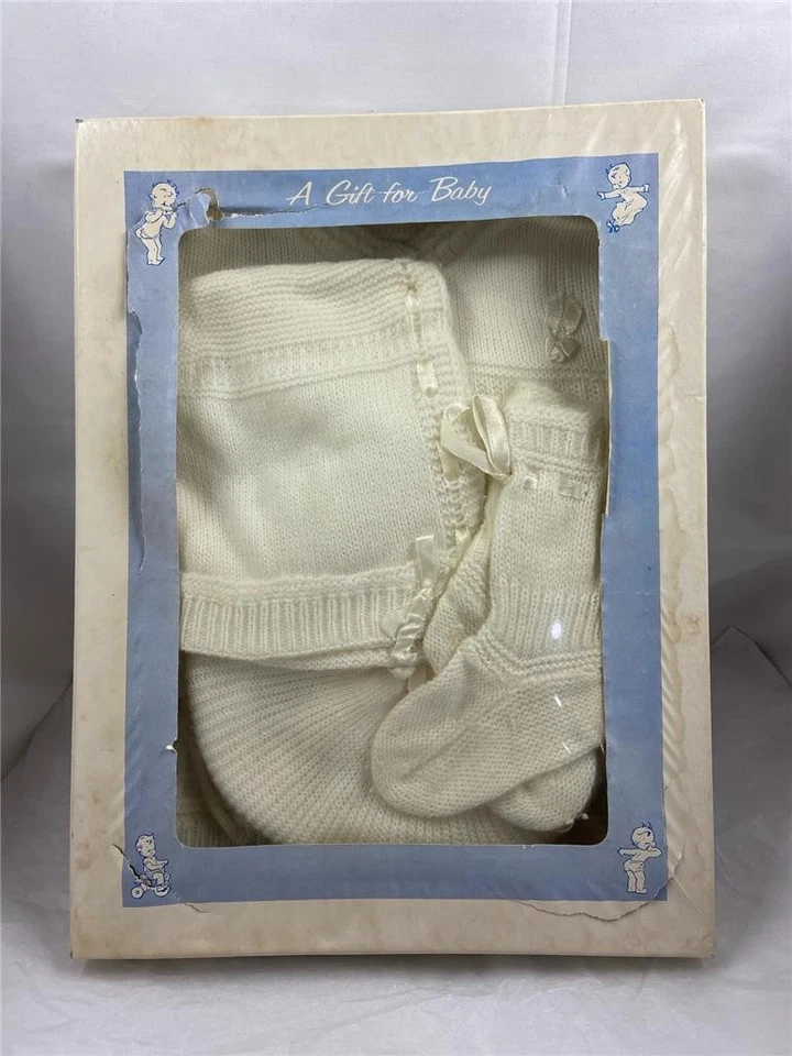 3 Vintage Cradle Knit Layette Set Cardigan Sweater Booties Hats Baby Girl Boy - Image 2 of 4