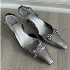 Stuart Weitzman Silver Metallic Slingback Kitten Heels Bow Rhinestone Womens 8