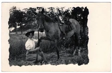 EDWARDIAN GIRL WITH HORSE : RPPC VELOX STAMP BOX : EQUESTRIAN VINTAGE PHOTO