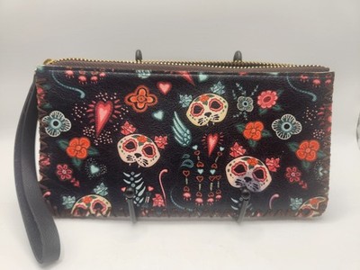 Sugar Skull Leather Wristlet Clutch Day of the Dead Floral Whipstitch Boho...