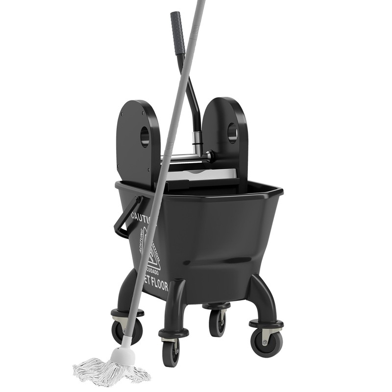 Mop Bucket with Wringer on Wheels with Mop, 27.5 Quart, Black