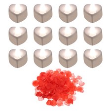 Heart Shaped LED Candles White Light with Artificial Red Rose Petal, 12 Pcs