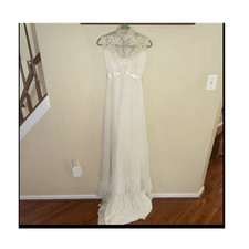 Vintage White Lace High Neck Wedding Dress with Satin Ribbon Pleated Hem