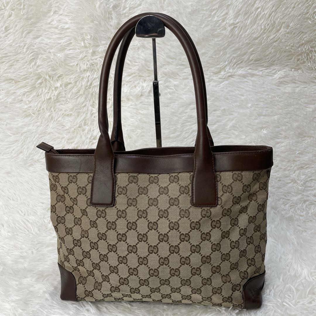 Gucci GG Canvas Leather Tote Brown Unisex Durable Versatile Preowned