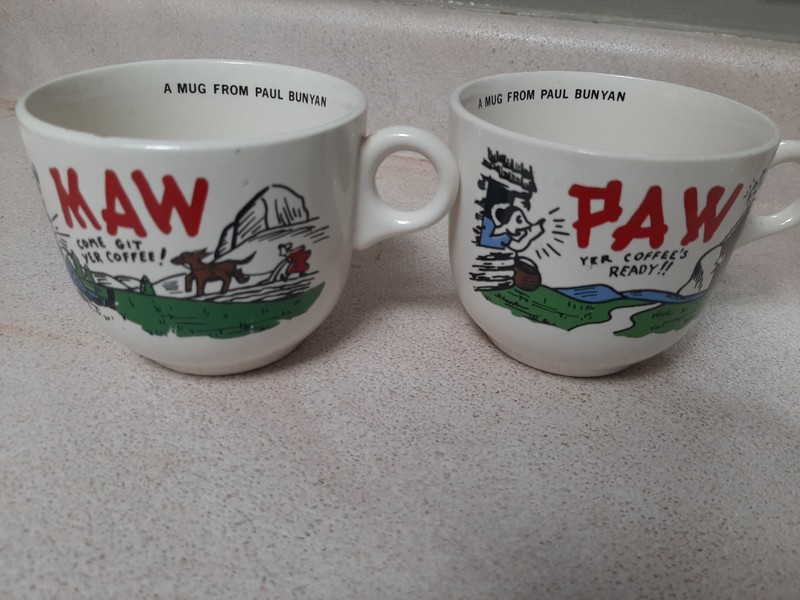 Vintage "Maw" "Paw" Paul Bunyan Coffee Mugs Pair 1940's Novelty Cups
