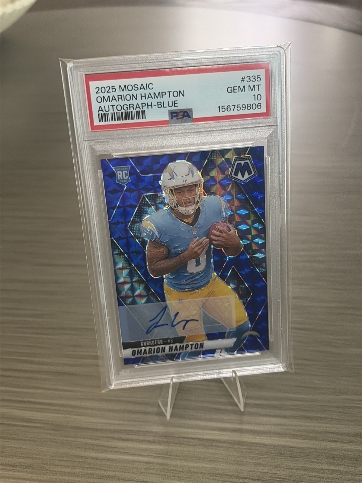 2025 Mosaic Omarion Hampton RC #335-Blue Auto /99 Psa 10 Population 2! Chargers view 2