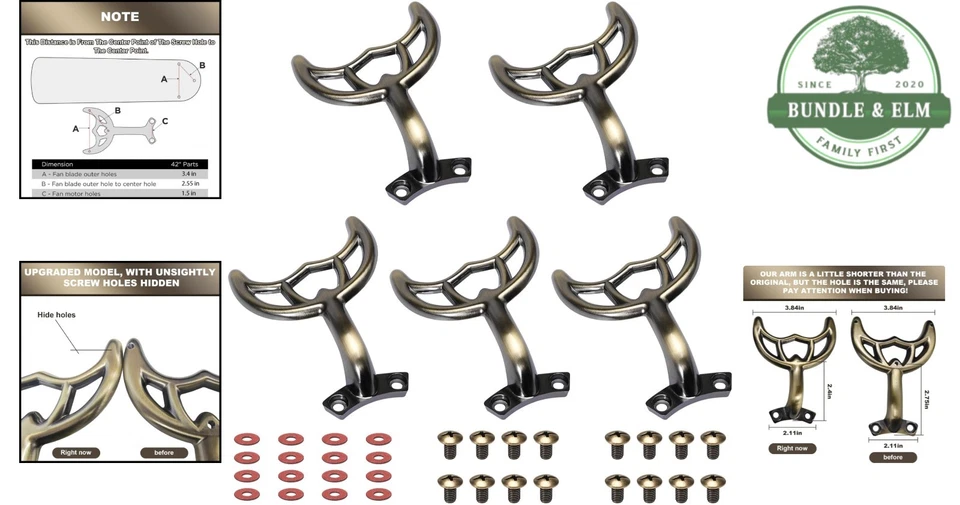 Ceiling Fan Blades Arm Antique Brass 42-Inch Fan Replacement Set 5 Pcs - Image 2 of 4