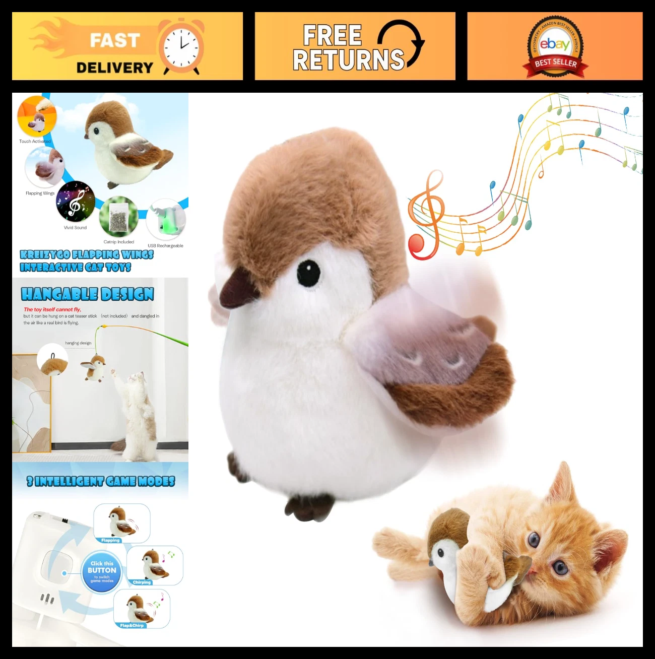 Interactive Cat Toy - Flapping Wings Sparrow, Chirping Bird, Rechargeable, 3 Mod