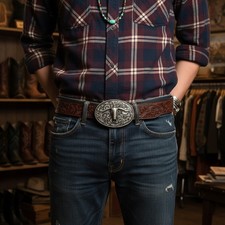 Men Rodeo Fashion Belt Buckle Silver Metal Longhorn Bull Oval Filigree Cow Skull