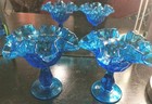 Pair Of Vintage Fenton Glass Compote Vase Colonial Blue Thumbprint — photo 1