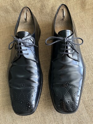 PRADA Mens Black Leather Plain Toe Derby Shoes Size UK 7 
