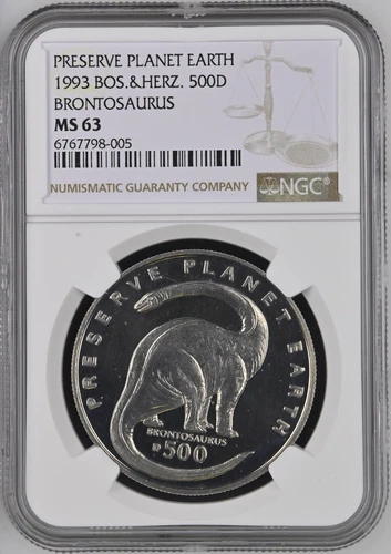 Bosnia 500 Dinara Tyrannosaurus Rex NGC MS 63 1993 KM4 Prehistoric animal