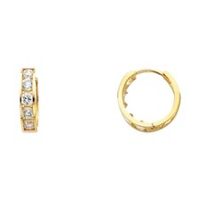 14k Yellow Gold 4mm Thickness CZ Stone Huggies Hinged Earrings Womens Girls