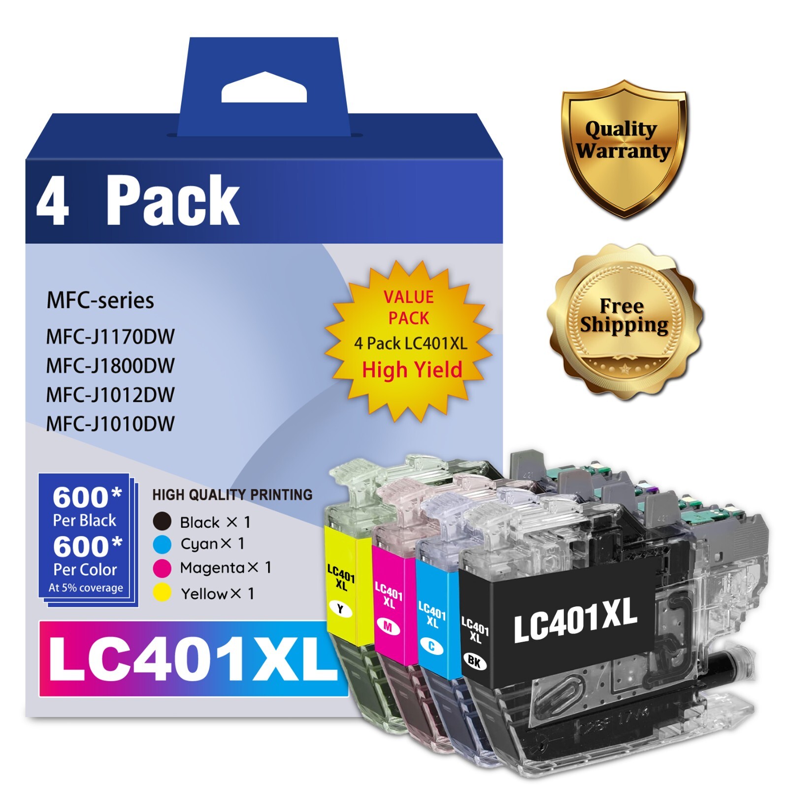 LC401XL 4-Pack Ink Cartridges Compatible with Brother MFC-J1012DW J1170DW J1010DW Printers-image