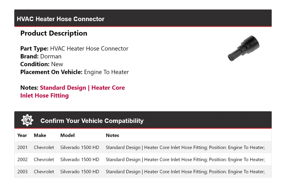Conector de manguera de calefacción HVAC Dorman HD Dorman 2001-2003 para Chevrolet Silverado 1500 2002 Foto 2 de 4