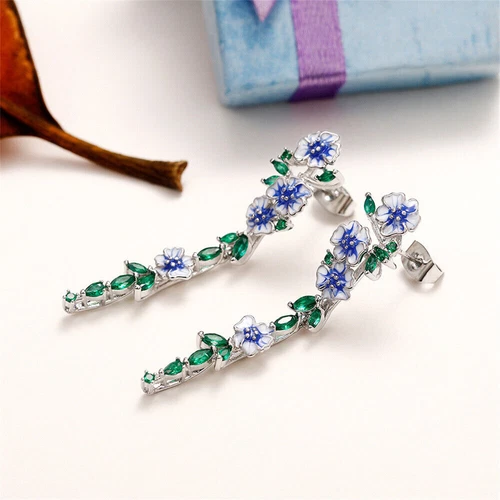 Long Blue Flower Drop Dangle Earrings Party Jewelry Gifts Women Girls - Picture 6 of 12