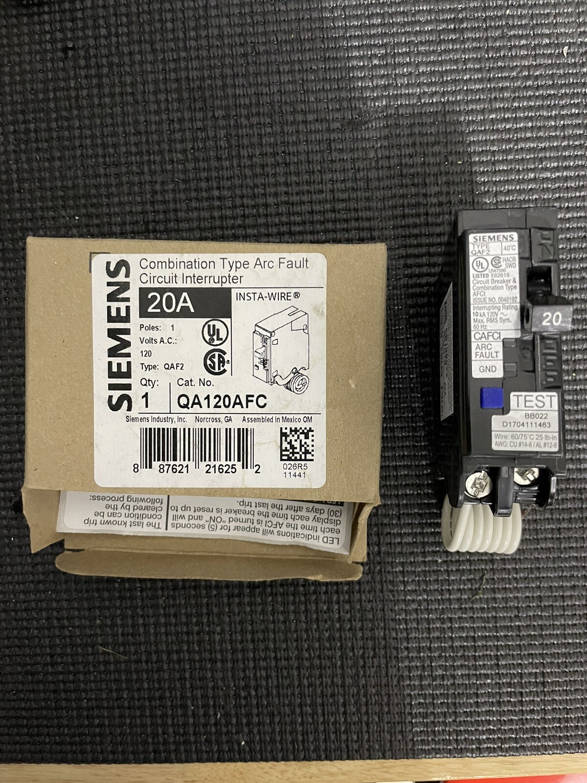 Siemens QA120AFC 20Amp Single Pole 120Volt PlugOn Combination AFCI