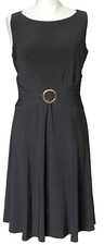 Chaps Stretch Fit Flare Sleeveless Dress Round Neck Gold Buckle Accent Black M