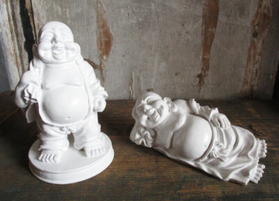 2 x HAPPY BUDDHA in weiss Glücksbuddha Budai Pu-Tai lachender Lucky Buddha budda