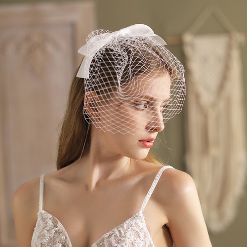 Short Wedding veil birdcage veil with white bow Wedding Birdcage Veil - Picture 2 of 9