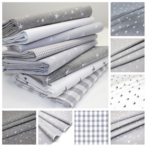CHAMBRAY COTTON FABRIC - GREY - SWALLOWS BIRDS STARS STRIPES GINGHAM