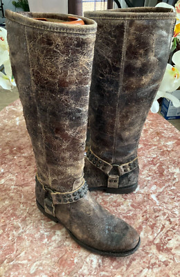 Frye Phillip Studded Harness Riding Boots 76507 Brown Distressed Leather 8B $395