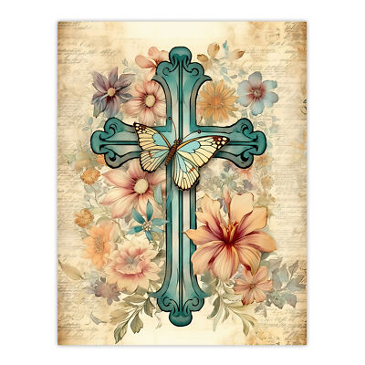 Flowery Cross Upcycle Aquarell Pastell Blumen Schmetterling Wandbild Poster Druck