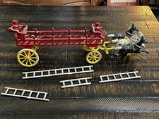 Vintage Cast Iron Hook  Ladder Horse Drawn Fire Dept. Trailer Truck