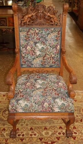 19th Century Tiger Oak Renaissance Revival Needlepoint Throne Office Arm Chair - Picture 2 of 13