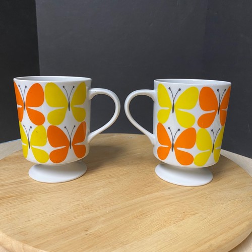 Vintage Retro Porcelain Footed Orange And Yellow Butterfly Coffee Mug Set Of 2 - Picture 4 of 10