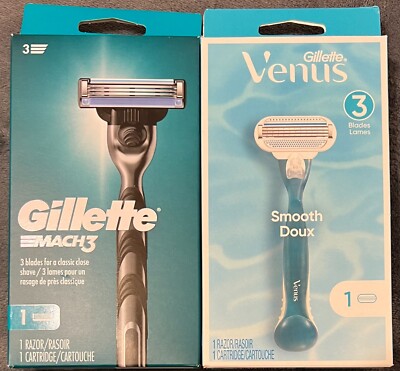 2 Pack Gillette Razors - 1x Mach 3 1x Venus Smooth - 1 Razor & 1 Cartridge Each