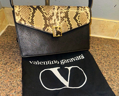 Valentino Garavani Python-Print Flap Crossbody with certificate and dust bag.