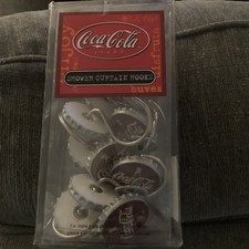 Coca-Cola Soda Bottle Caps Bath Rings 12 Shower Curtain Hooks 1.5" NIB