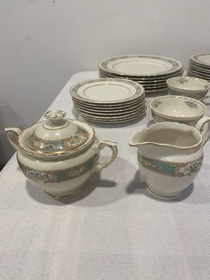 Vintage China Set.White, Green & Gold Pattern. 6-8 Place Setting Raleigh Pattern