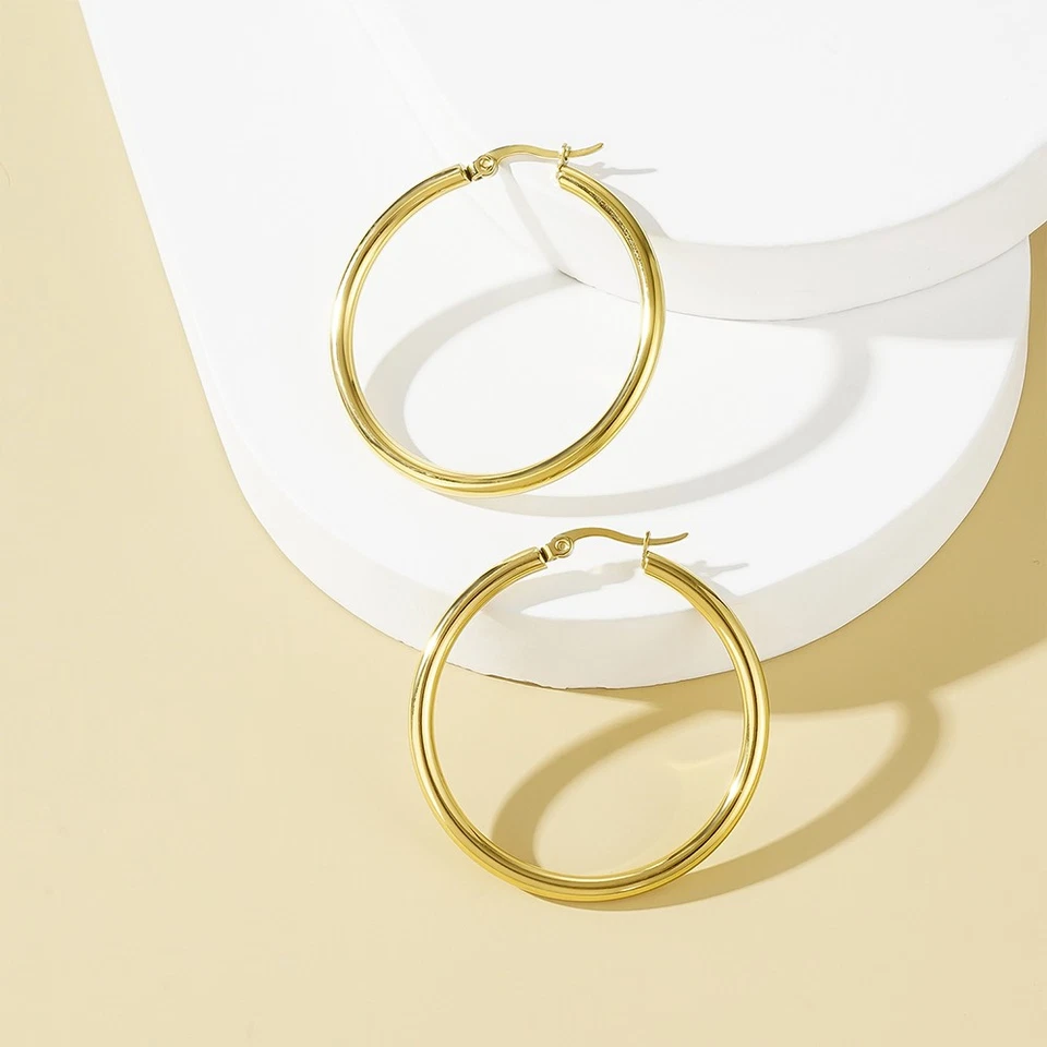 14K Real Solid Yellow Gold Shiny Polished Round Creole Hoop Earrings All Sizes - Image 4 of 4