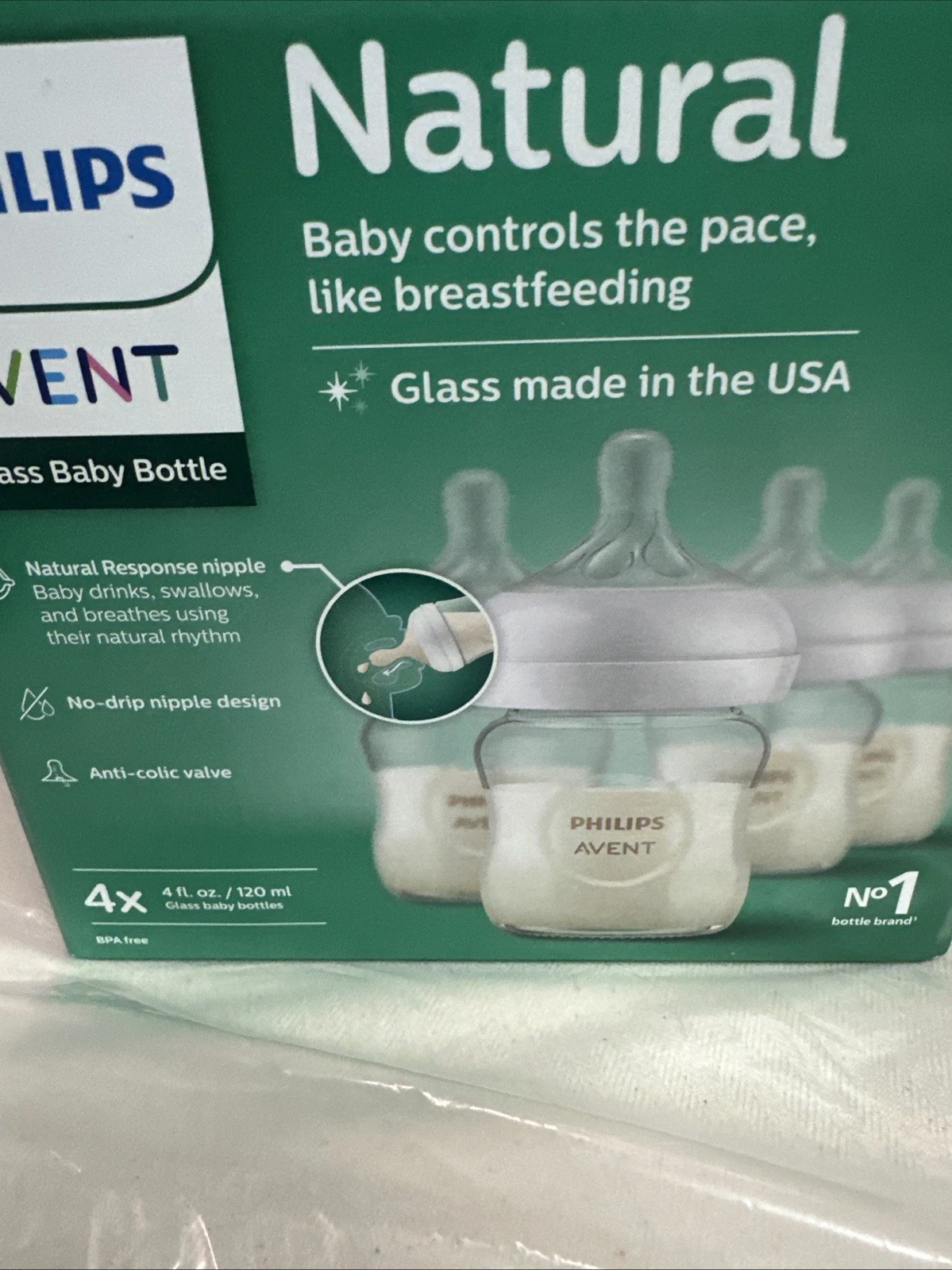 Philips Natural Glass 4pk Baby Bottles Slow Flow 4oz Bottles Number 1