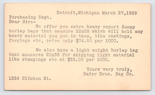 1929 Bader Bros Bag Co Postal Card Detroit MI Burlap Sacks Industrial Supply