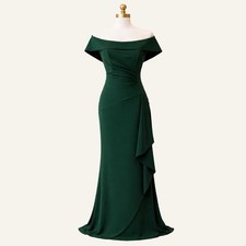 Xscape Style 3005X Emerald Off Shoulder Crepe Ruched Ruffle Gown Size 16 NWT
