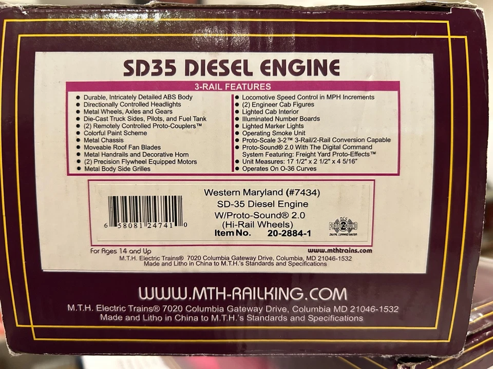 MTH 20-2884-1 Western Maryland SD-35 Diesel Engine PS.2 #7434 NIB - Image 3 of 3