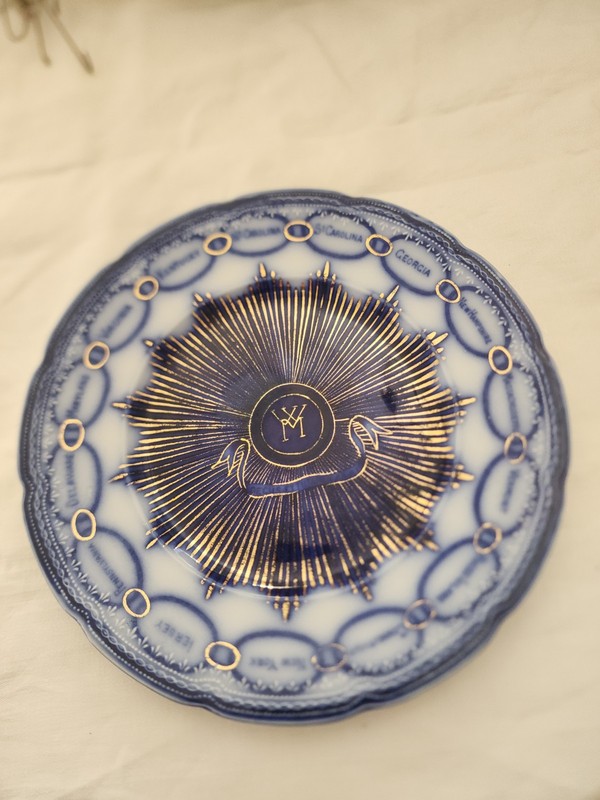 Antique 9in Flow Blue Martha Washington Monogram With 15 States. Gold Gilted