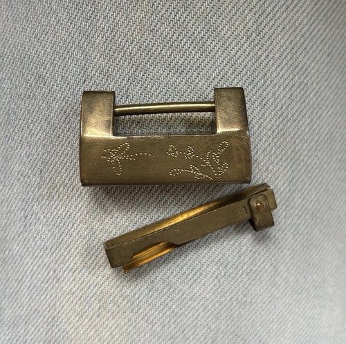 Vintage Chinese Brass Etched Slide Lock and Key