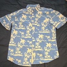 Vintage Summer Men's L Regular Blue/Beige Tropical Hawaiian Button-Up Shirt