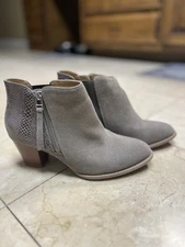 Vionic Womens Anne Boot Sz 7 Gray Taupe Suede Snakeskin Bootie Block Heel Comfy