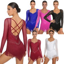 Womens Dancewear Tassel Hem Bodysuit Gymnastics Jumpsuit Strappy Leotard Tango