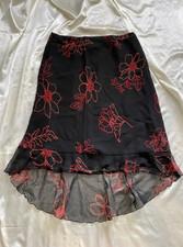 Vintage 1990s Black Red Floral Chiffon High Low Midi Skirt Boho Whimsygoth