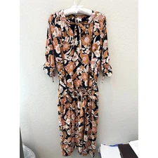 BOHME | Floral Midi Dress Black Pink Brown Boho Tie Neck | Size Medium