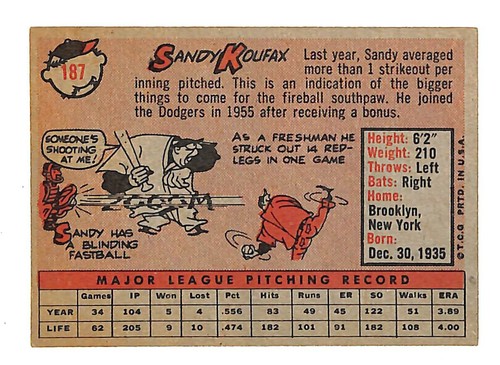 Sandy Koufax 1958 Topps Baseball Card #187 Dodgers - Picture 2 of 3