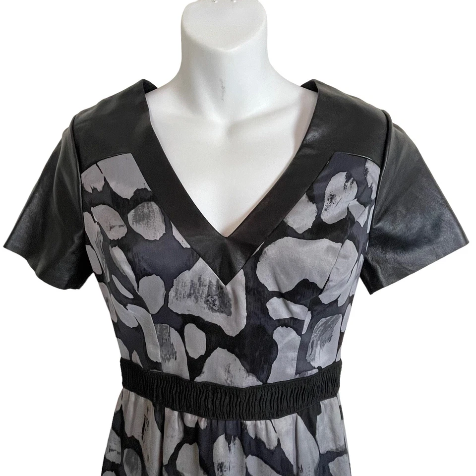 Tracy Reese Sz 2 Leather Trim Mixed Media Dress Black Gray Whimsigoth - Image 3 of 4