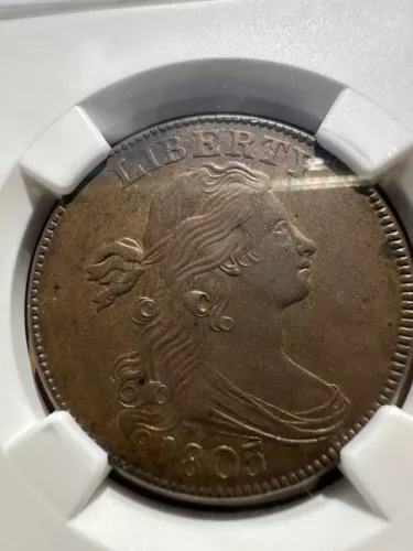 1803 draped bust large cent penny piece. Certified NGC MS 62 BN.