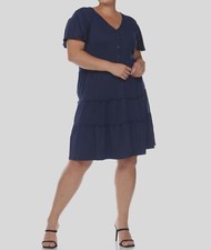 White Mark Women's Blue Tiered V-Neck Faux Button-Up Dress Plus Size 2XL